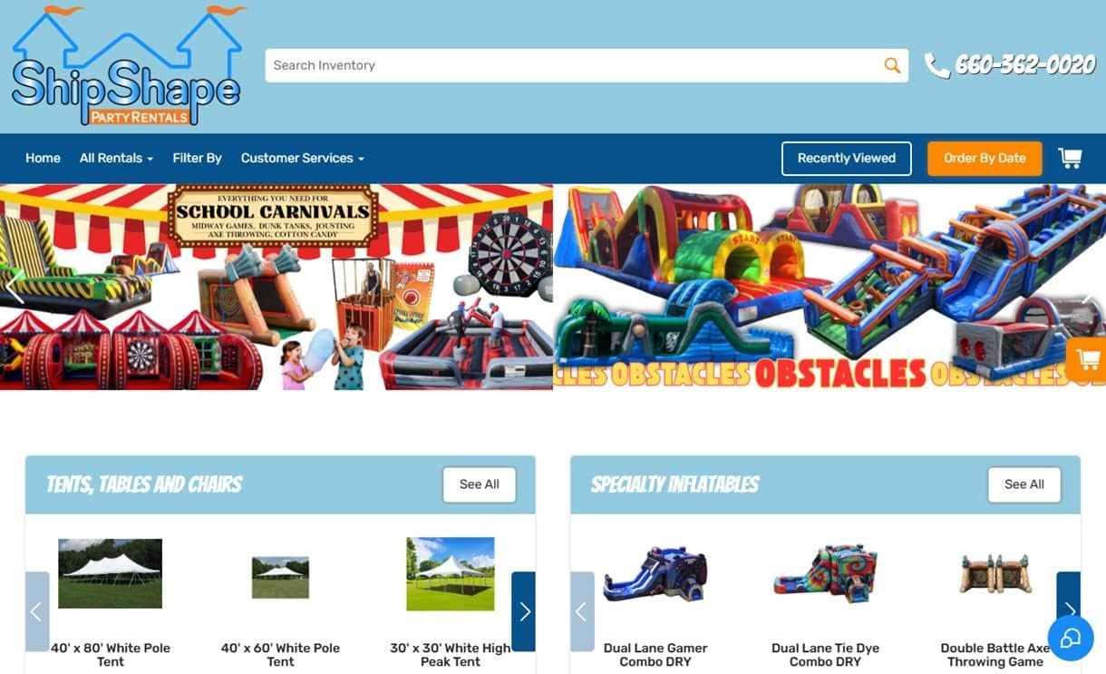 A screenshot of a website showing a variety of inflatable obstacles.