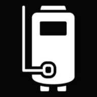 a white icon of a water heater on a black background .