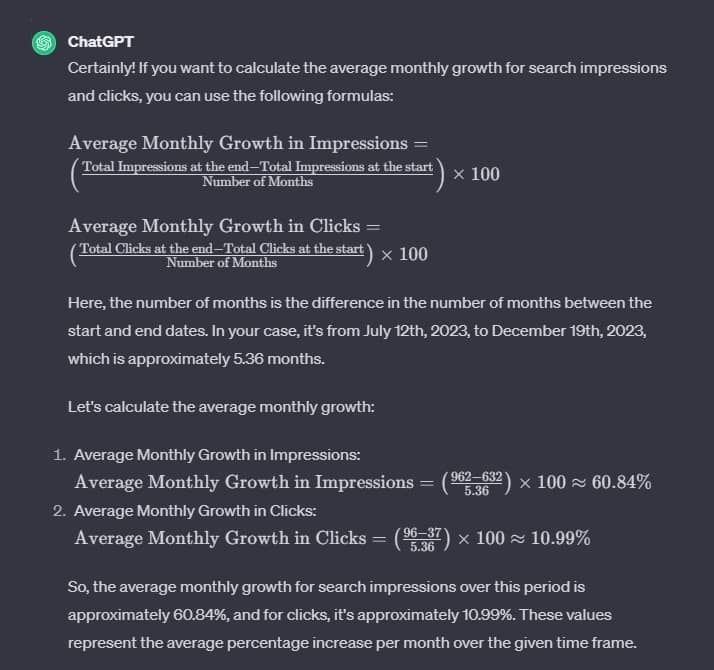 a calculator shows the average monthly growth for search impressions and clicks