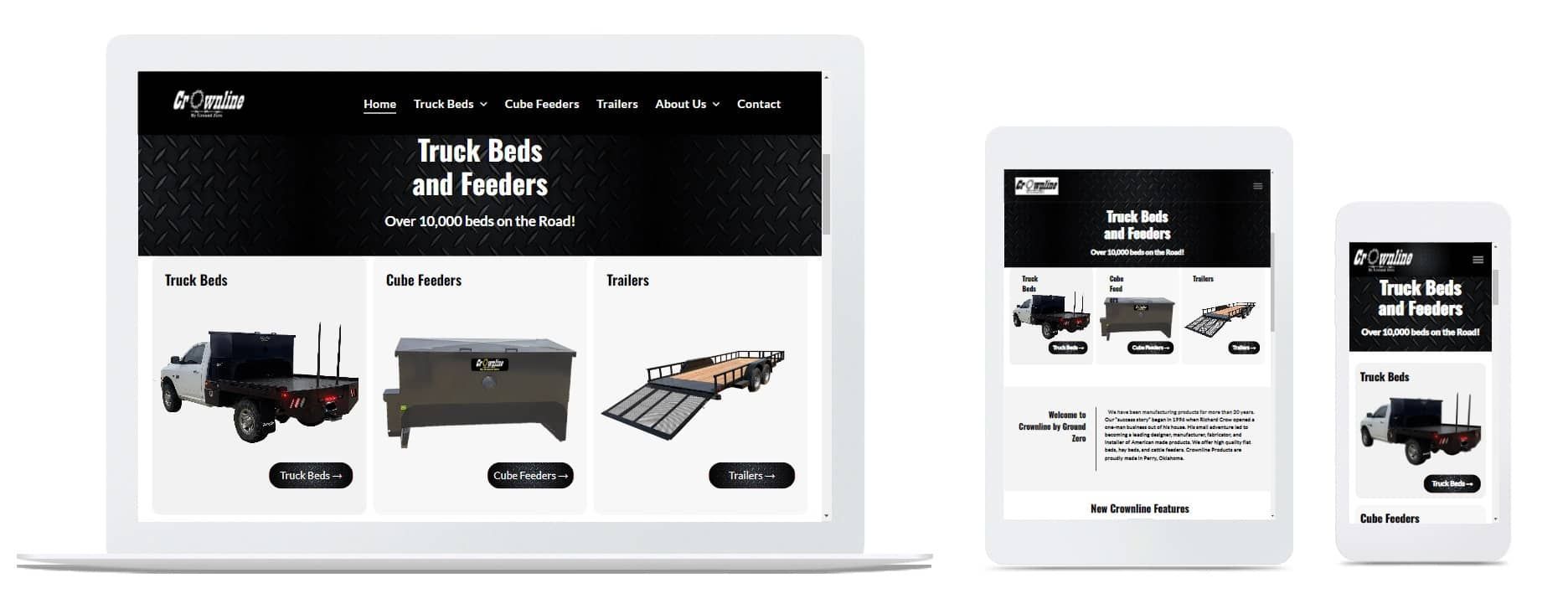 a website for truck beds and feeders is displayed on a laptop tablet and phone