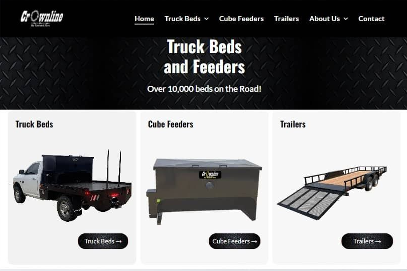 Website homepage showcasing truck beds, cube feeders, and trailers.