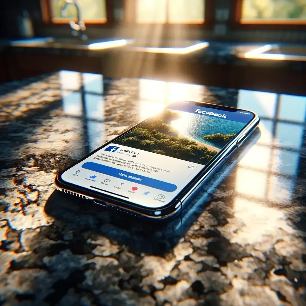 a cell phone is sitting on a counter with the facebook app open showing an ad.