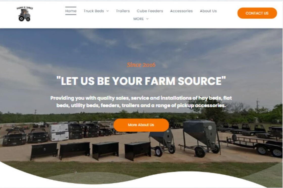 Website homepage with farm equipment and the text,