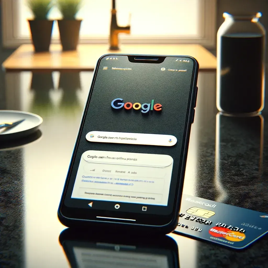 a google phone is sitting on a table next to a credit card