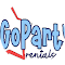 a blue and red logo for go party rentals .