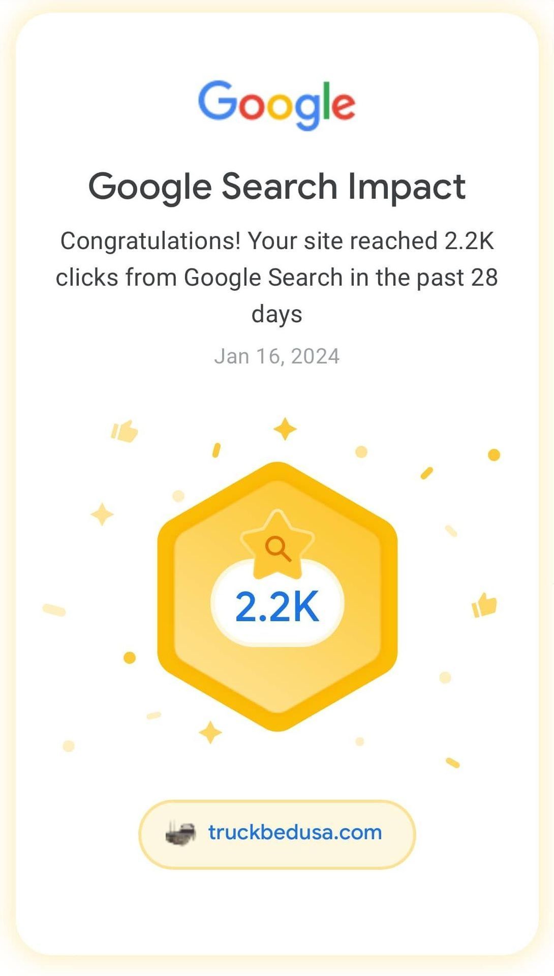 a google search impact congratulations ! your site reached 2.2k clicks from google search in the past 28 days .