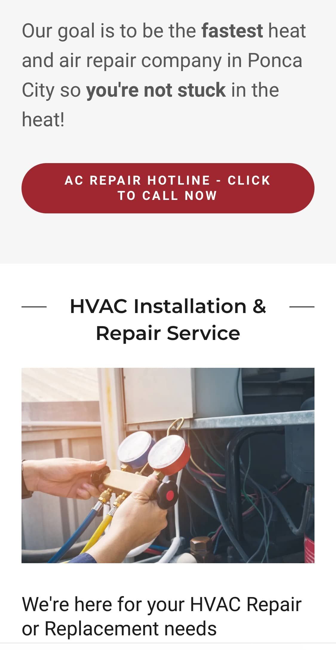 A screenshot of a website for hvac installation and repair service.