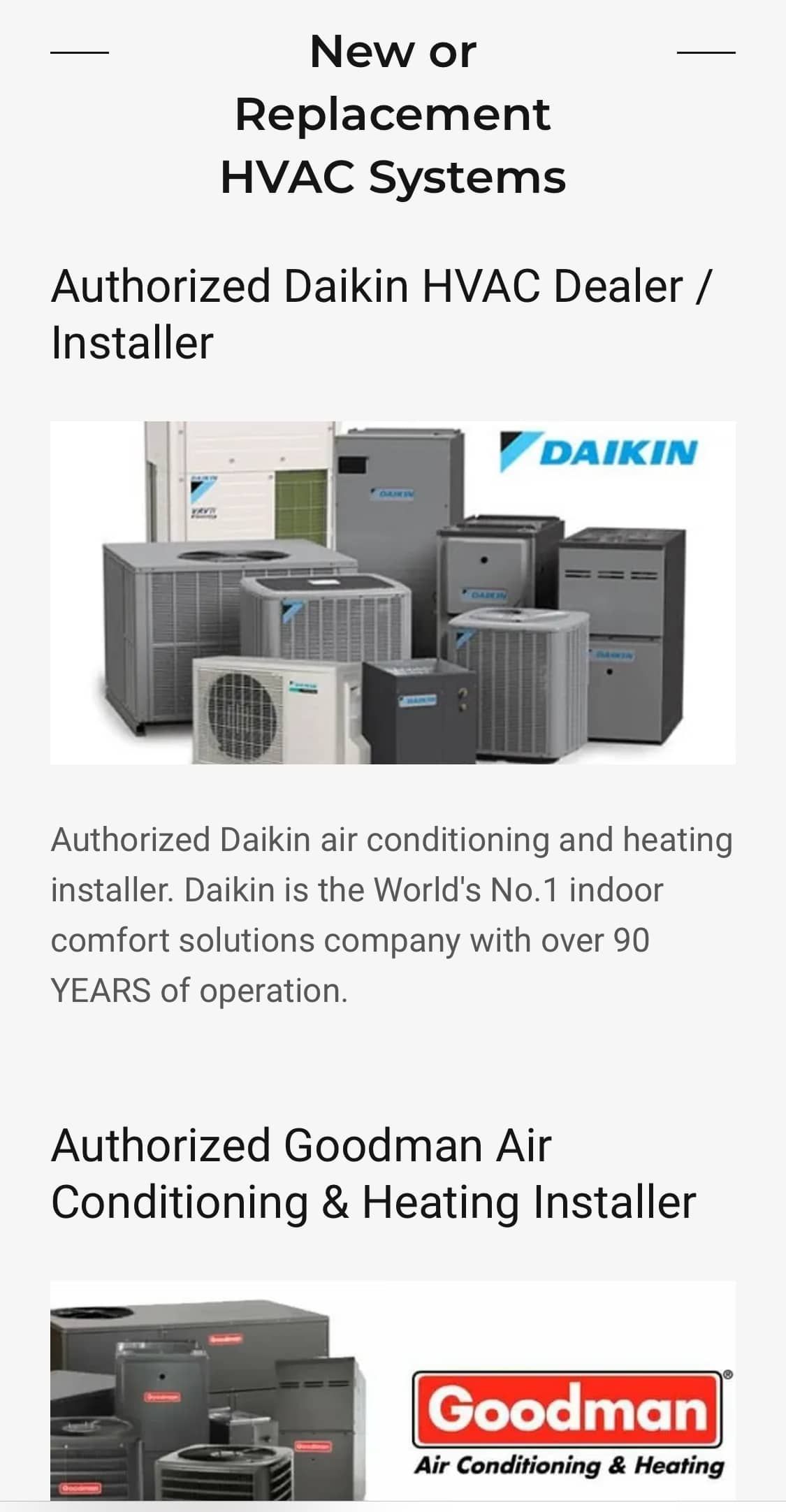 A screenshot of a website for new or replacement hvac systems.