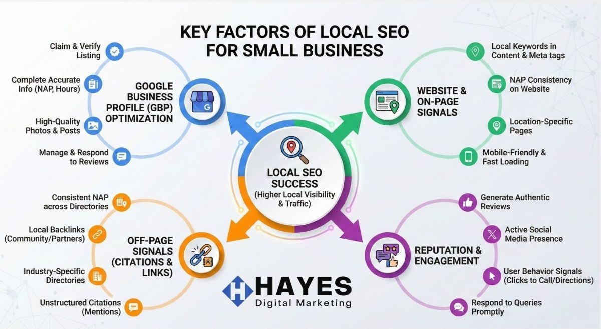Infographic illustrating local SEO factors for small businesses, with key components like website optimization and engagement.