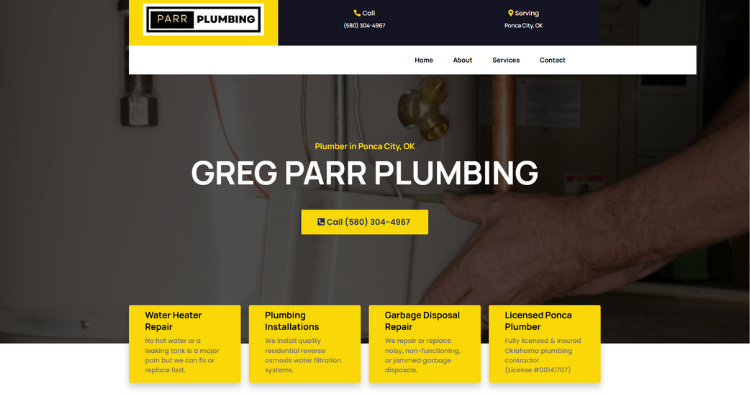 Website homepage for Greg Parr Plumbing, with logo, contact info, and service highlights.