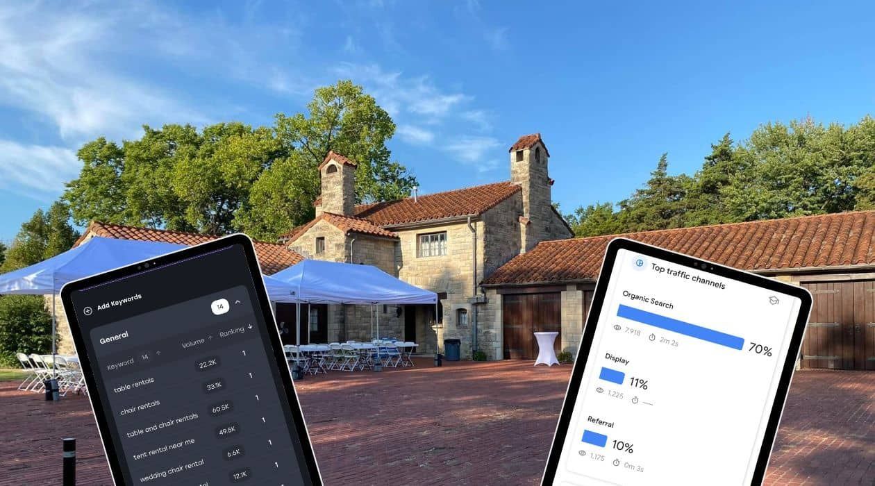 Two cell phones are in front of a house with party rental tents tables and chairs in front.