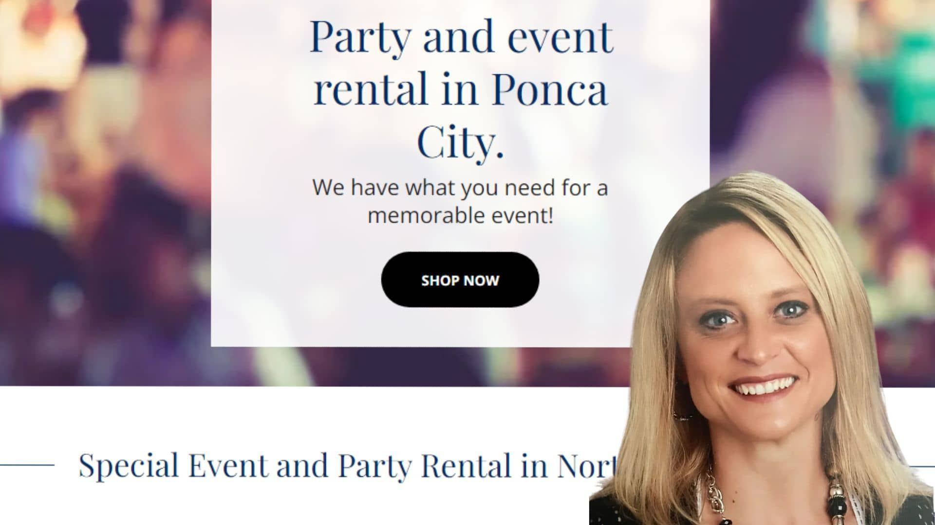 a woman is smiling in front of a banner for party and event rental in ponce city .