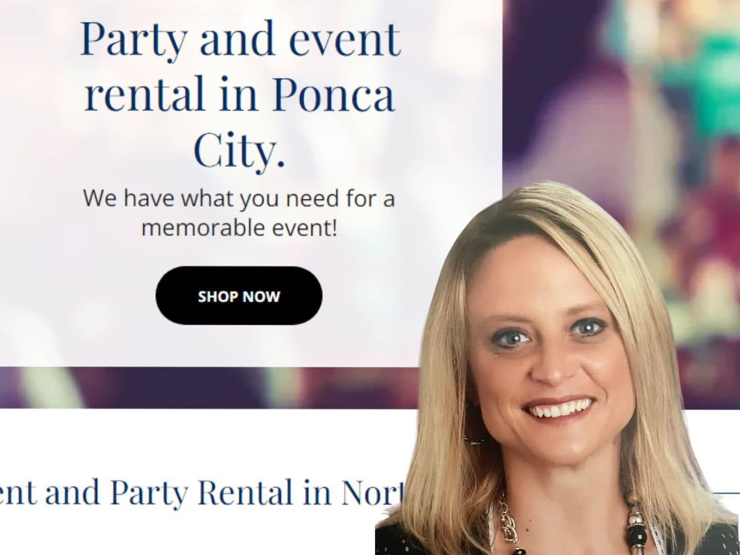 a woman is smiling in front of a sign that says party and event rental in ponce city