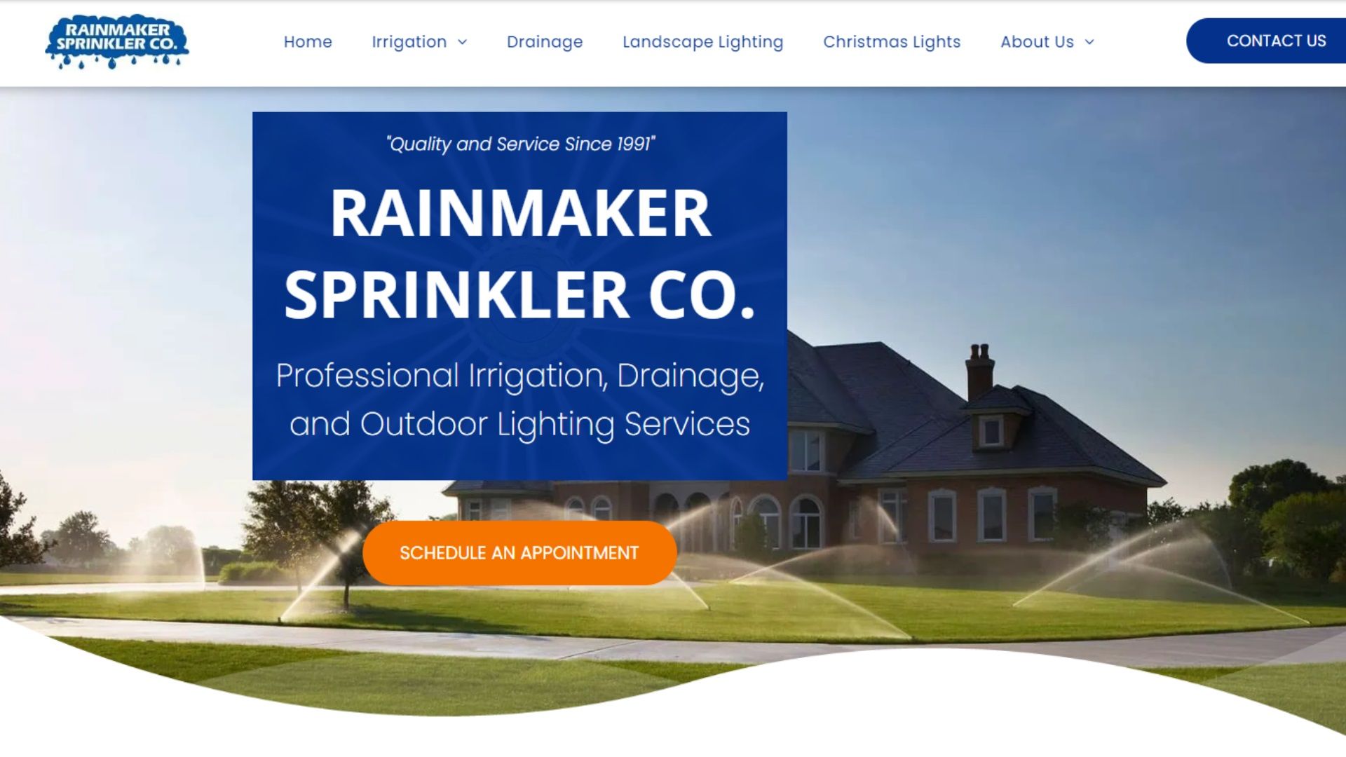 A screenshot of the website for rainmaker sprinkler co.