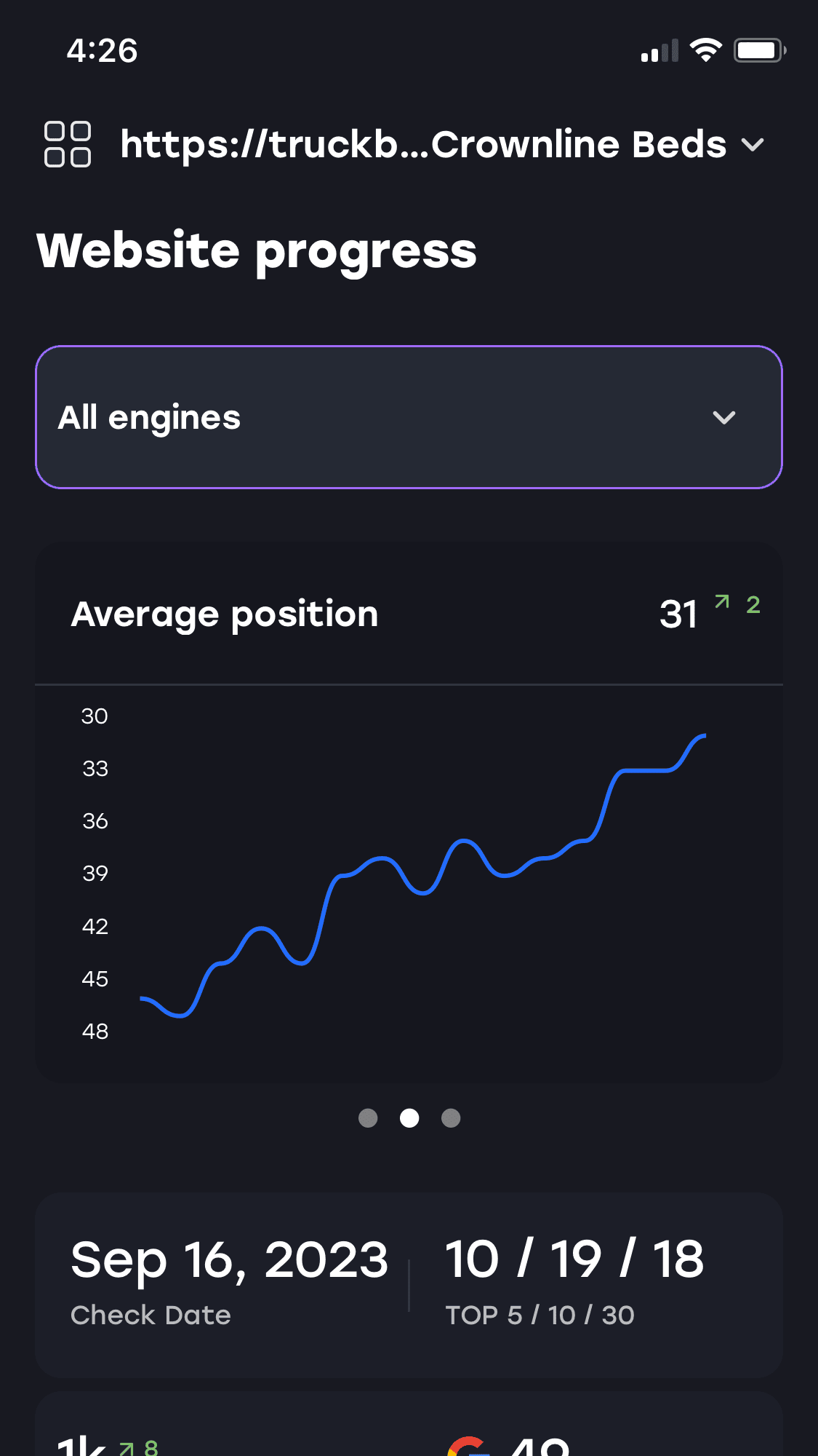 a phone screen shows the website progress of crownline beds
