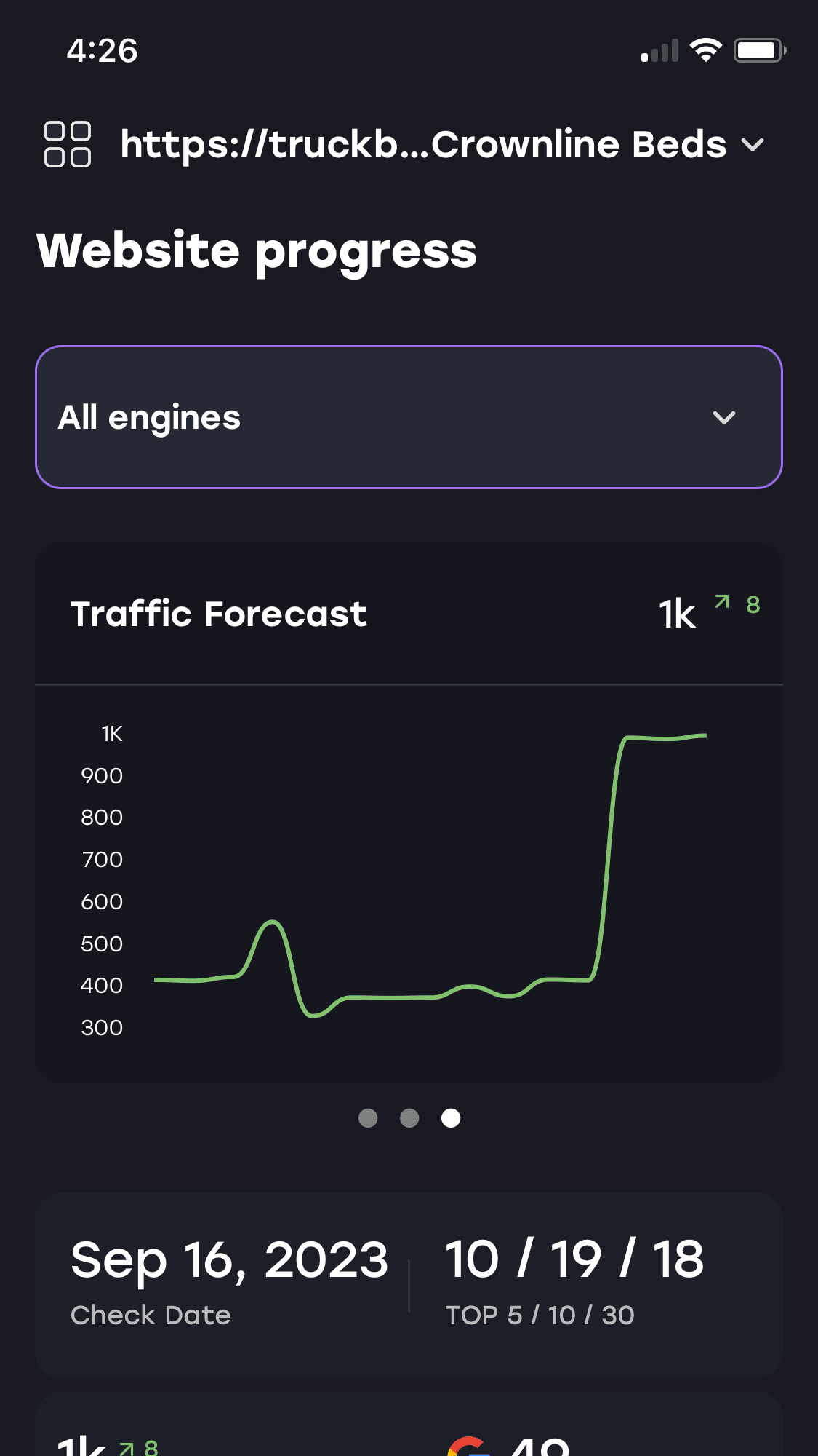 a phone screen shows the website progress of crownline beds
