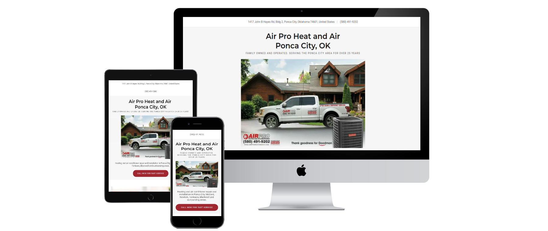 A computer , tablet , and cell phone are displaying an HVAC website.