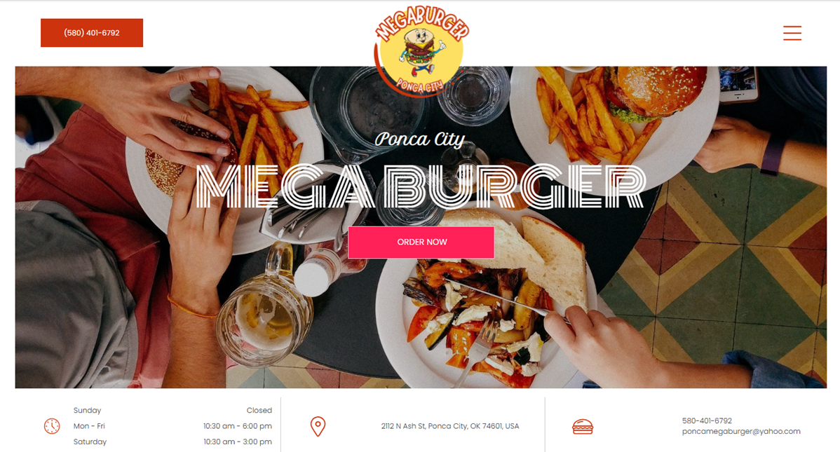 screenshot of a website for a burger restaurant in Ponca City, OK