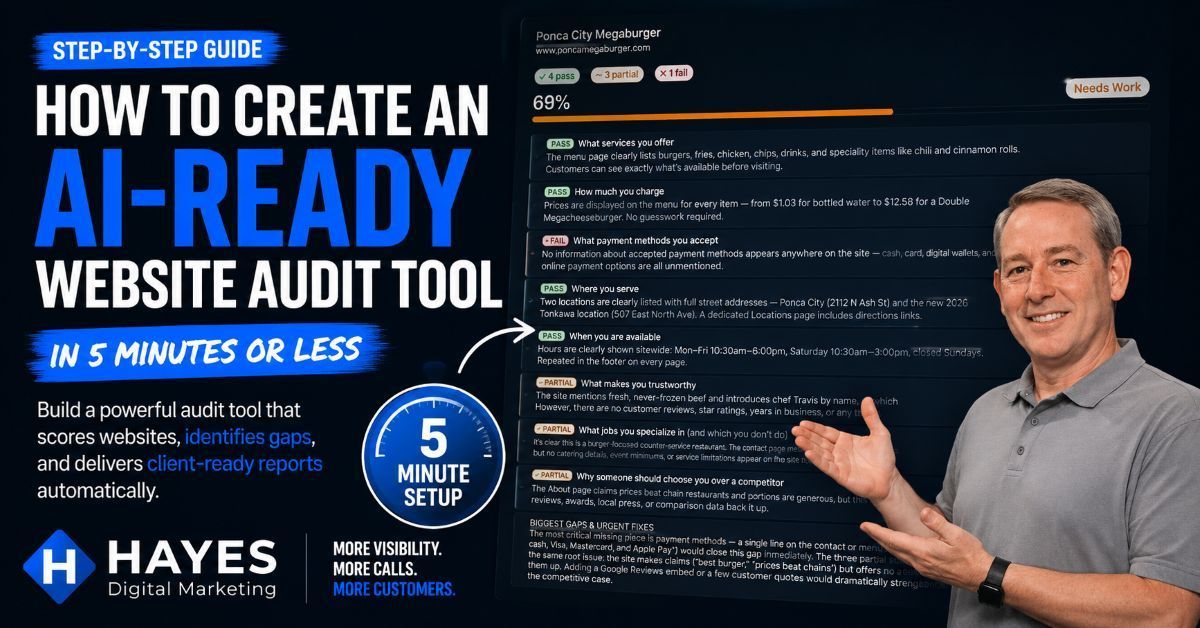 Promotional graphic for a step-by-step guide to creating an AI-ready website audit tool, with laptop screenshot