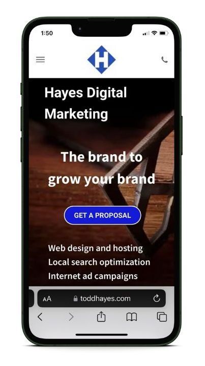 A phone displaying a website for hayes digital marketing