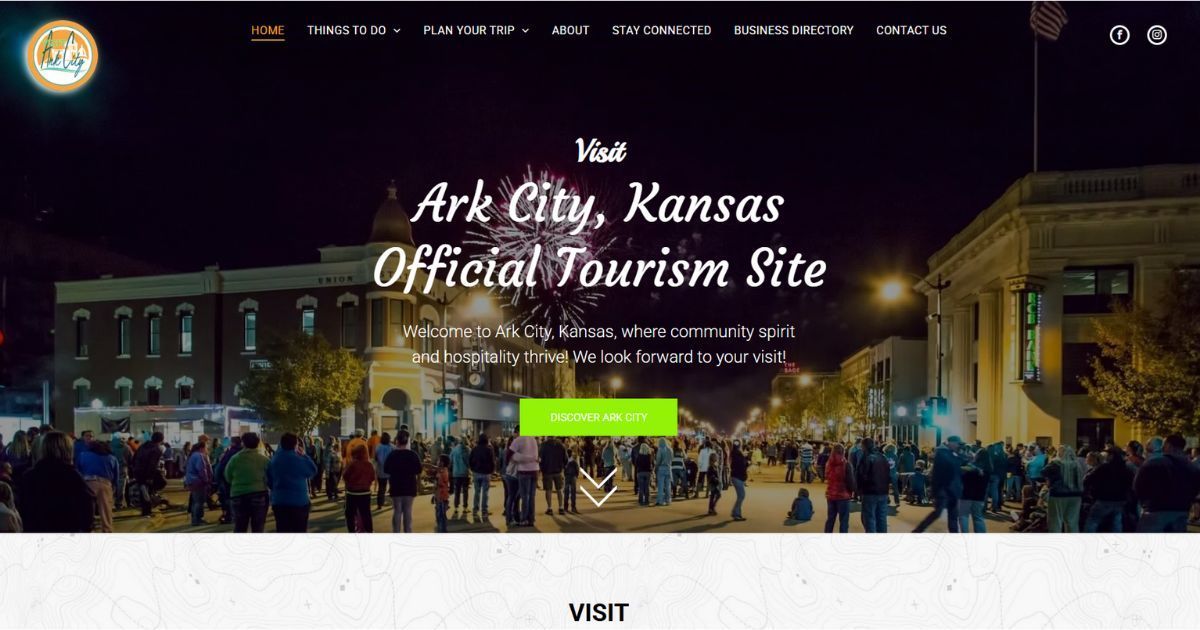 A screenshot of the ark city kansas official tourism site website.