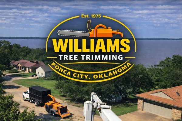 Logo for Williams Tree Trimming in Ponca City, Oklahoma, showing a chainsaw icon over a residential lakefront property.