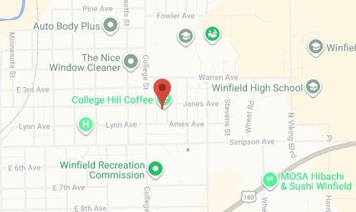 A map view showing a red location pin in Winfield, near College Hill Coffee and Winfield High School.