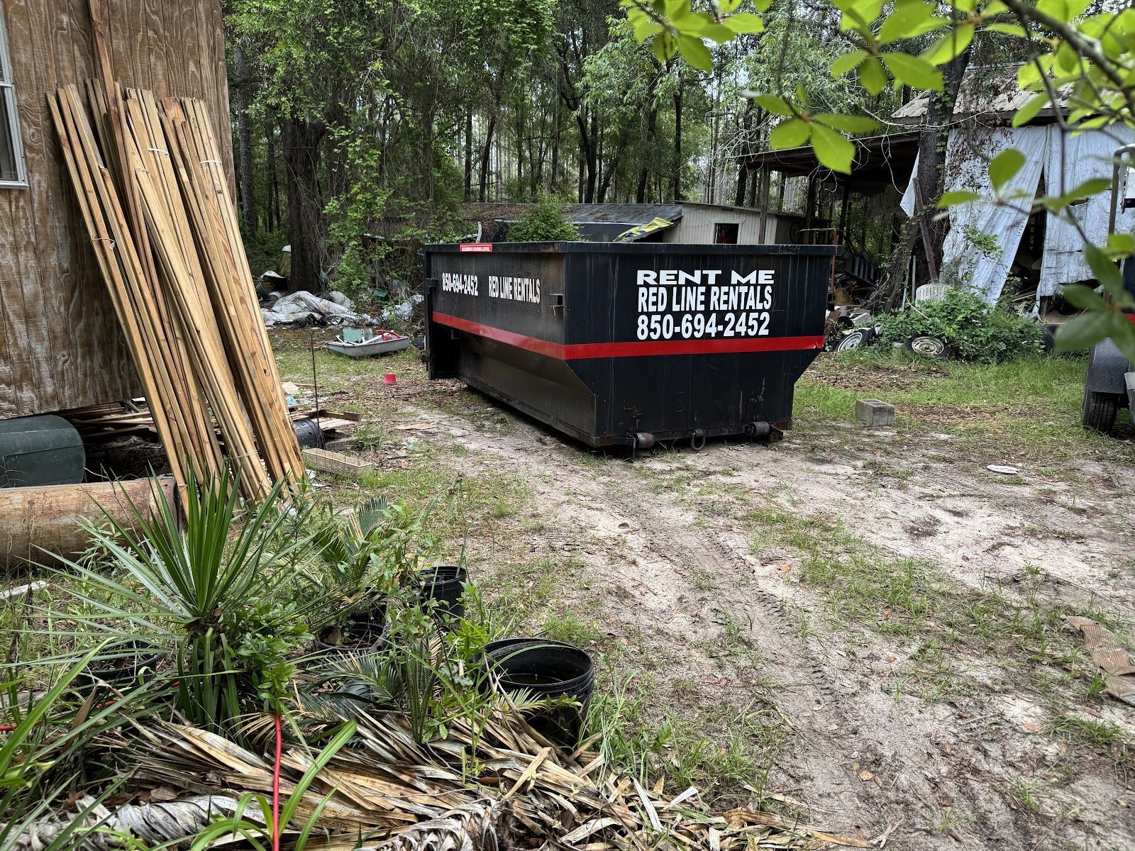 A black dumpster in a grassy yard with a house, plants, and trees in the background.
