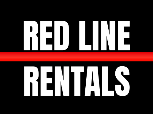 The logo for red line rentals is on a black background.