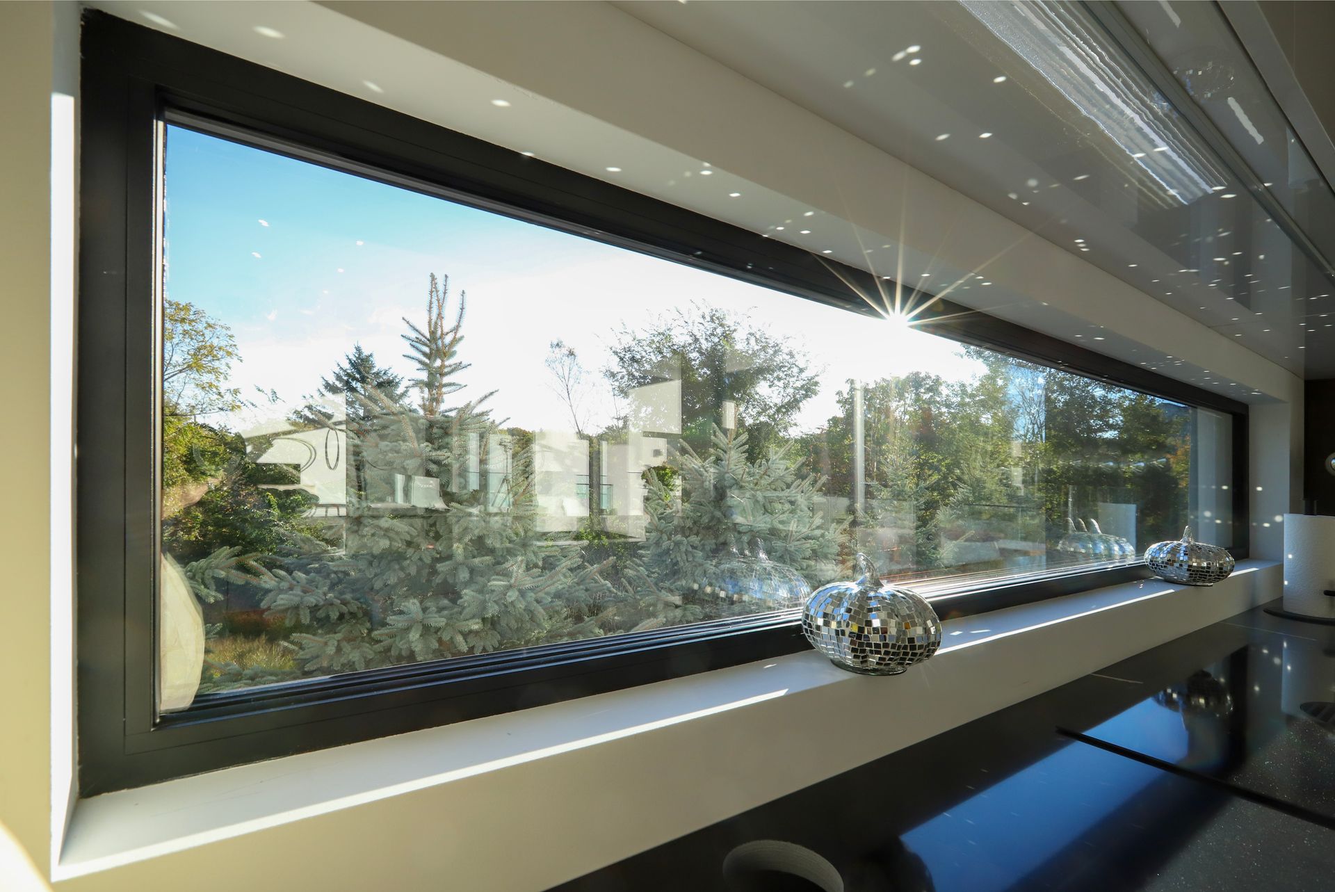 Long rectangular window looking out onto trees and houses. Bright sunlight streams through.