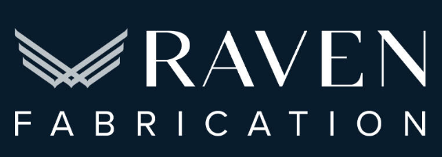 A logo for raven fabrication with a blue background