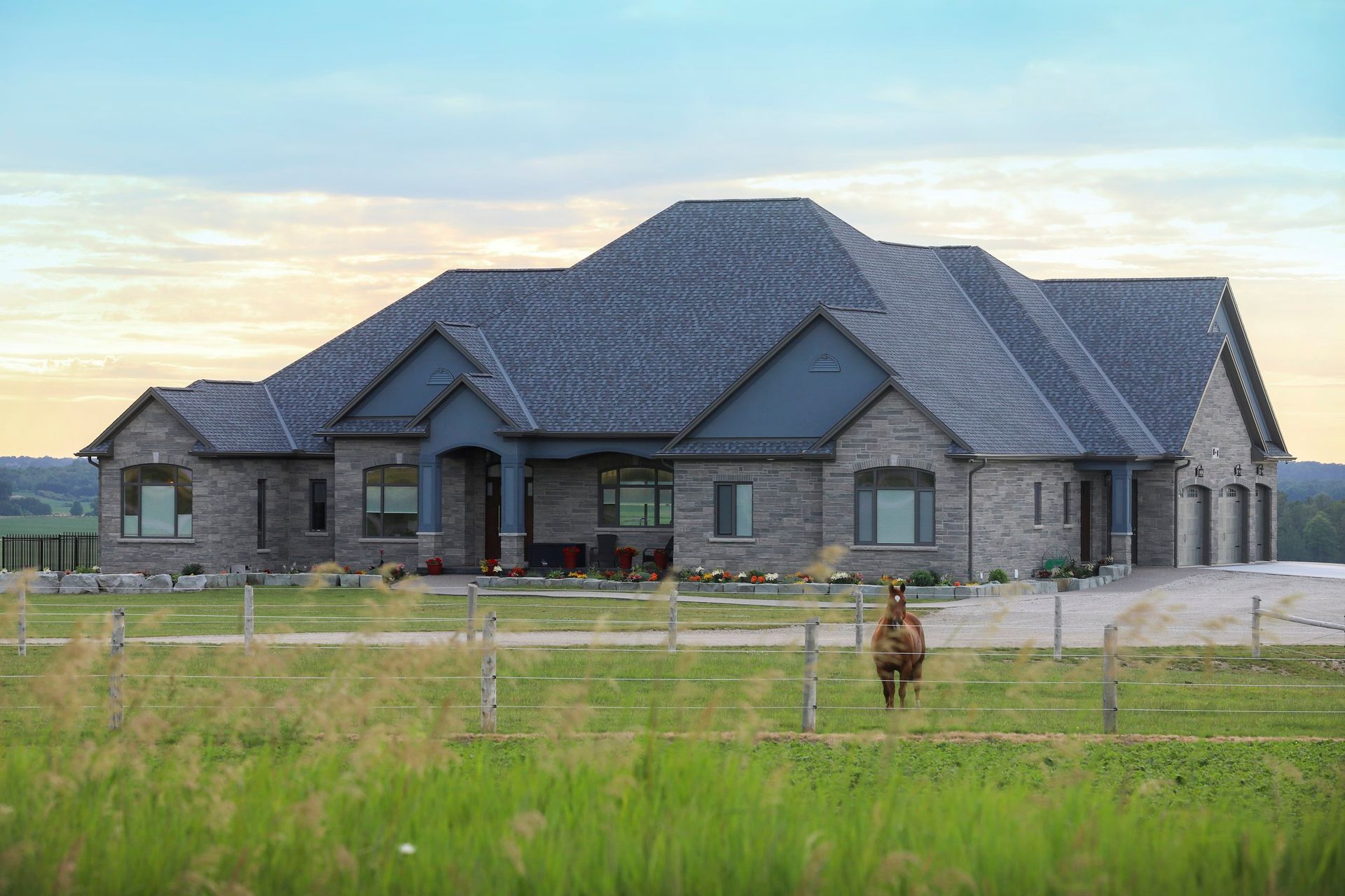 A horse is standing in front of a large house.