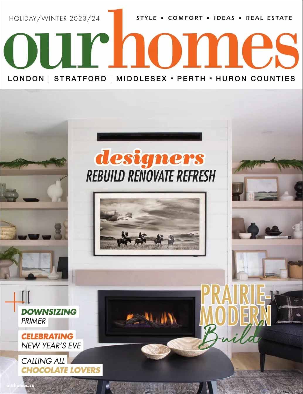 The cover of our homes magazine features a living room with a fireplace.