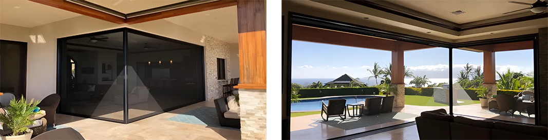 A living room with a sliding glass door and a patio.