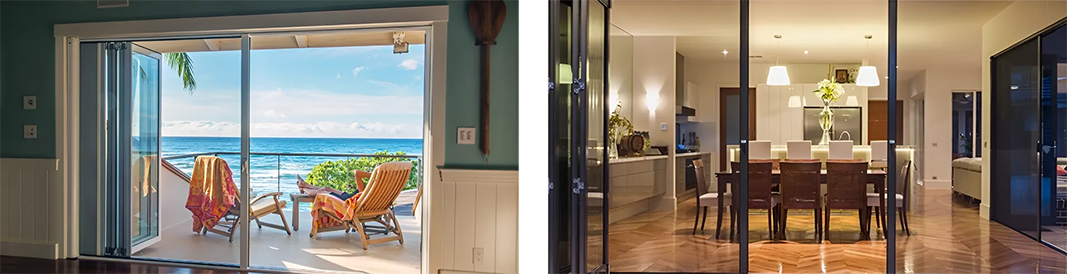 A picture of a sliding glass door with a view of the ocean.