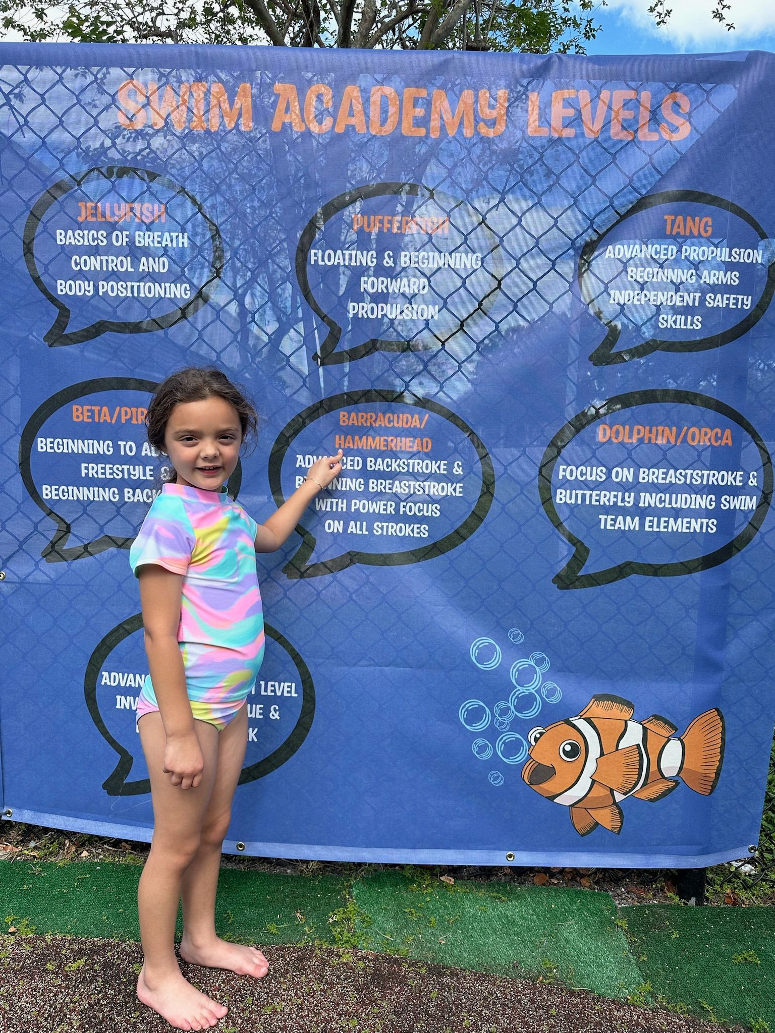 A little girl is standing in front of a sign that says academy levels.