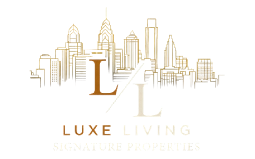 Gold skyline logo with "Luxe Living" text.
