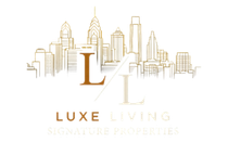 Gold skyline logo with "Luxe Living" text.