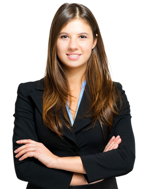 Woman in a black blazer with arms crossed, smiling, against a white background.