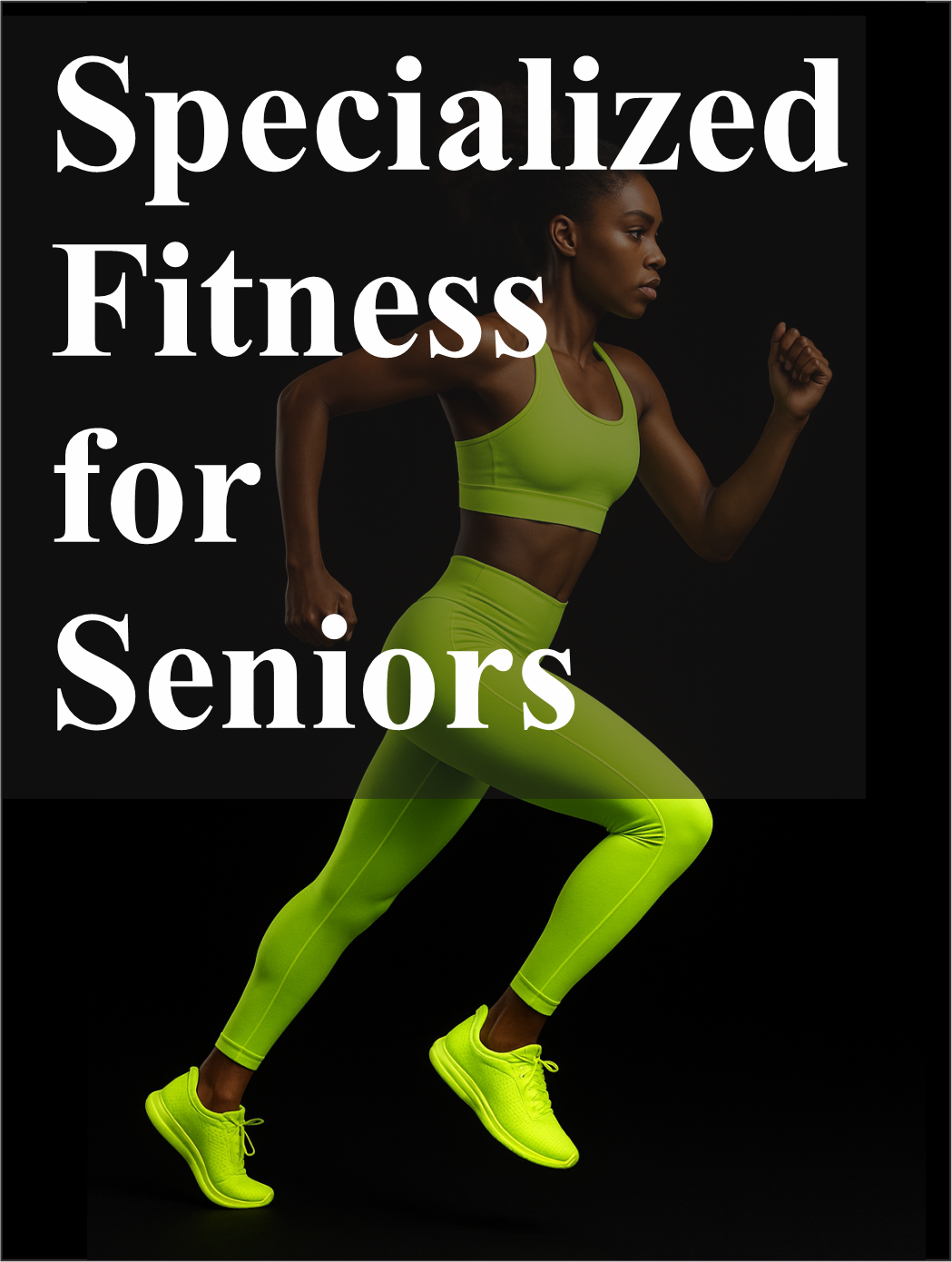 Woman in neon green running gear; text "Specialized Fitness for Seniors" on black background.