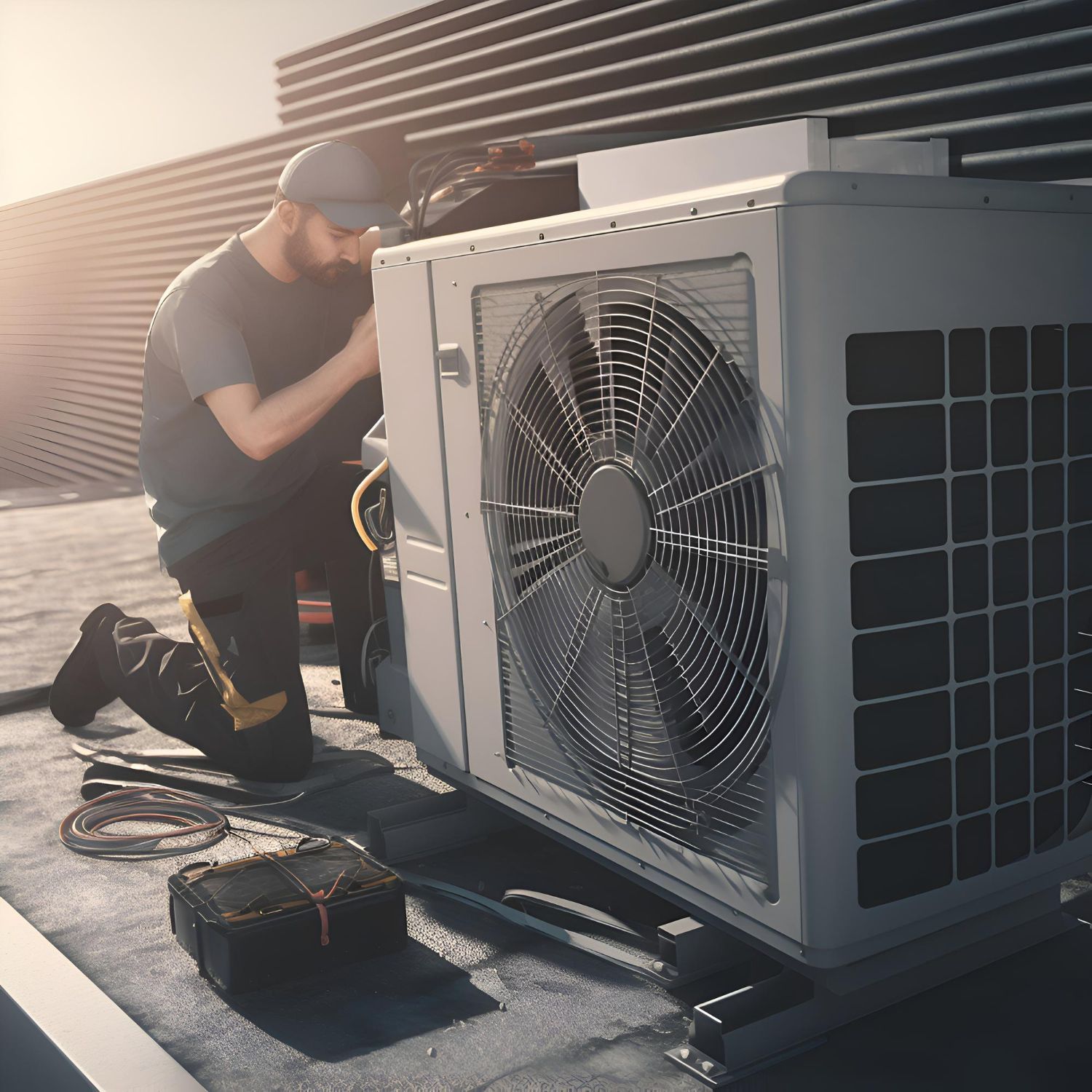 a man is working on an air conditioner on the roof of a building .