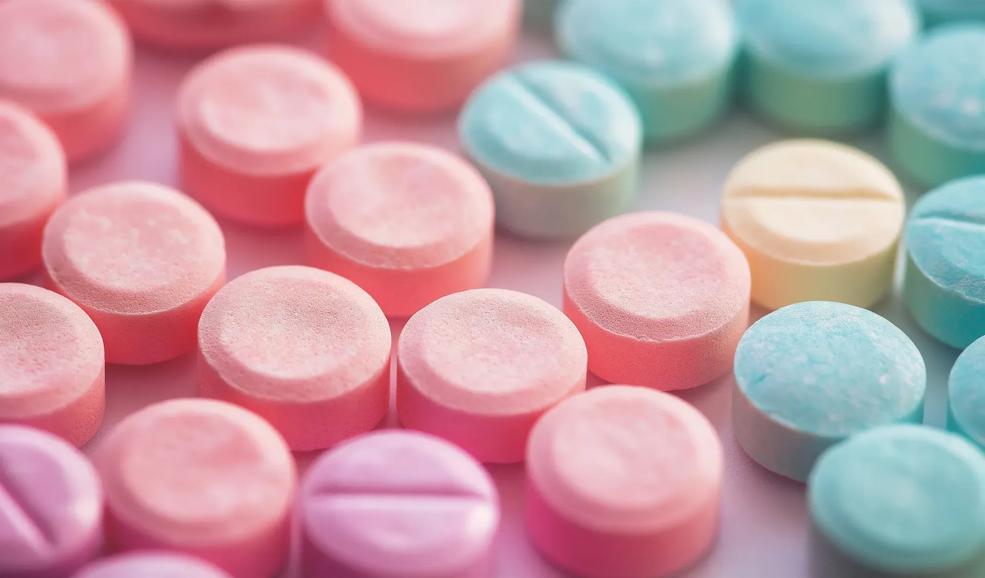 A close up of a bunch of colorful pills on a table