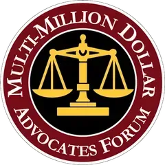 Logo: Red ring with white border, black center. Gold scales of justice, text