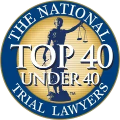 The National Trial Lawyers Top 40 Under 40 logo: Lady Justice figure, blue and gold colors.