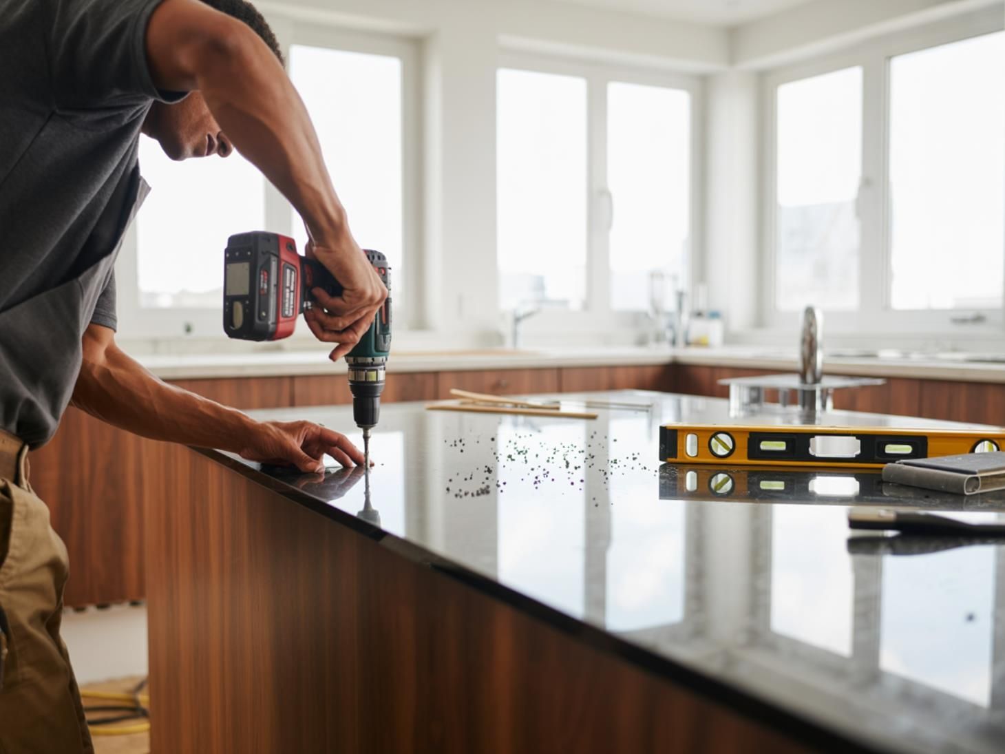 Person using a drill to install a countertop in a bright kitchen.