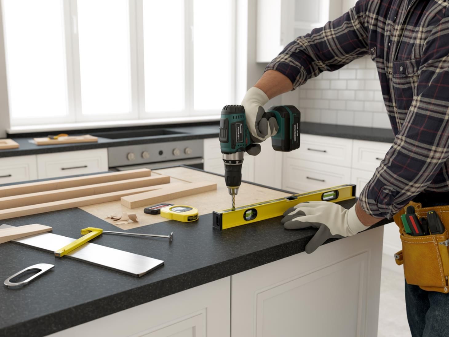 Person drills into a black countertop in a kitchen; level and tools on surface.