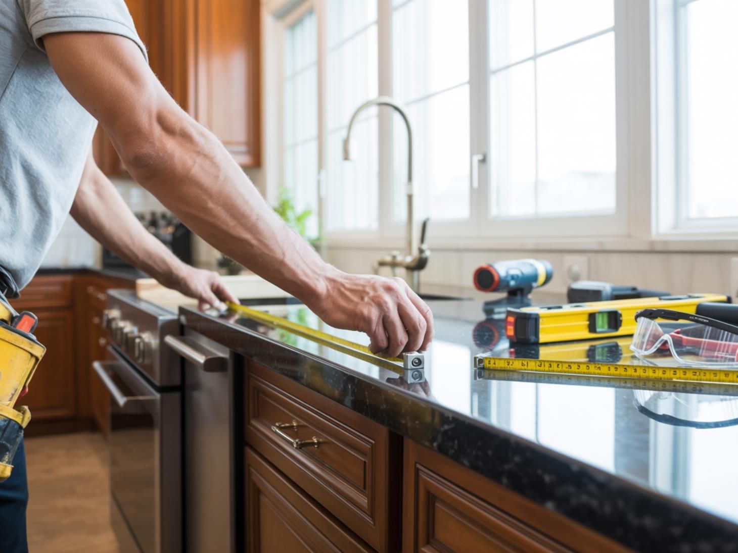 Person measuring a kitchen countertop with a yellow tape measure, tools visible nearby.