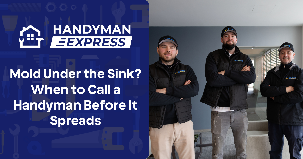 Three professional handymen stand in work attire beside text promoting mold repair services by Handyman Express.