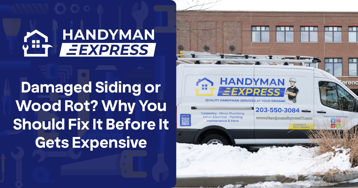 A Handyman Express van parked in the snow next to text about repairing damaged siding and wood rot to save money.
