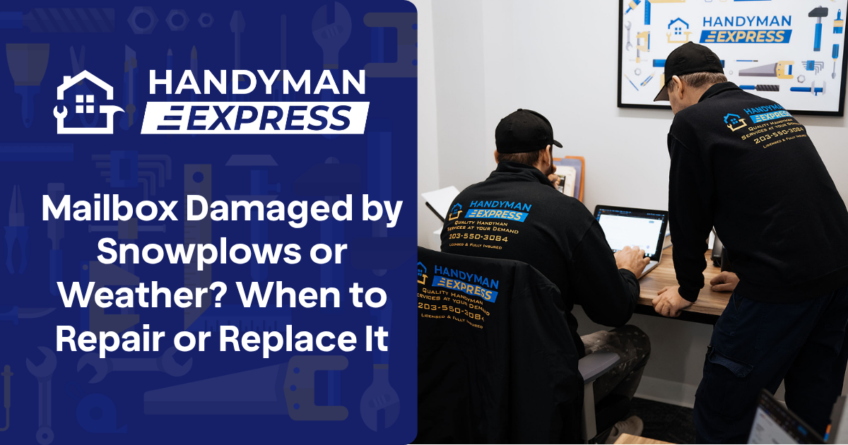 Two people in company uniforms work at a desk in an office, beside text about repairing or replacing damaged mailboxes.